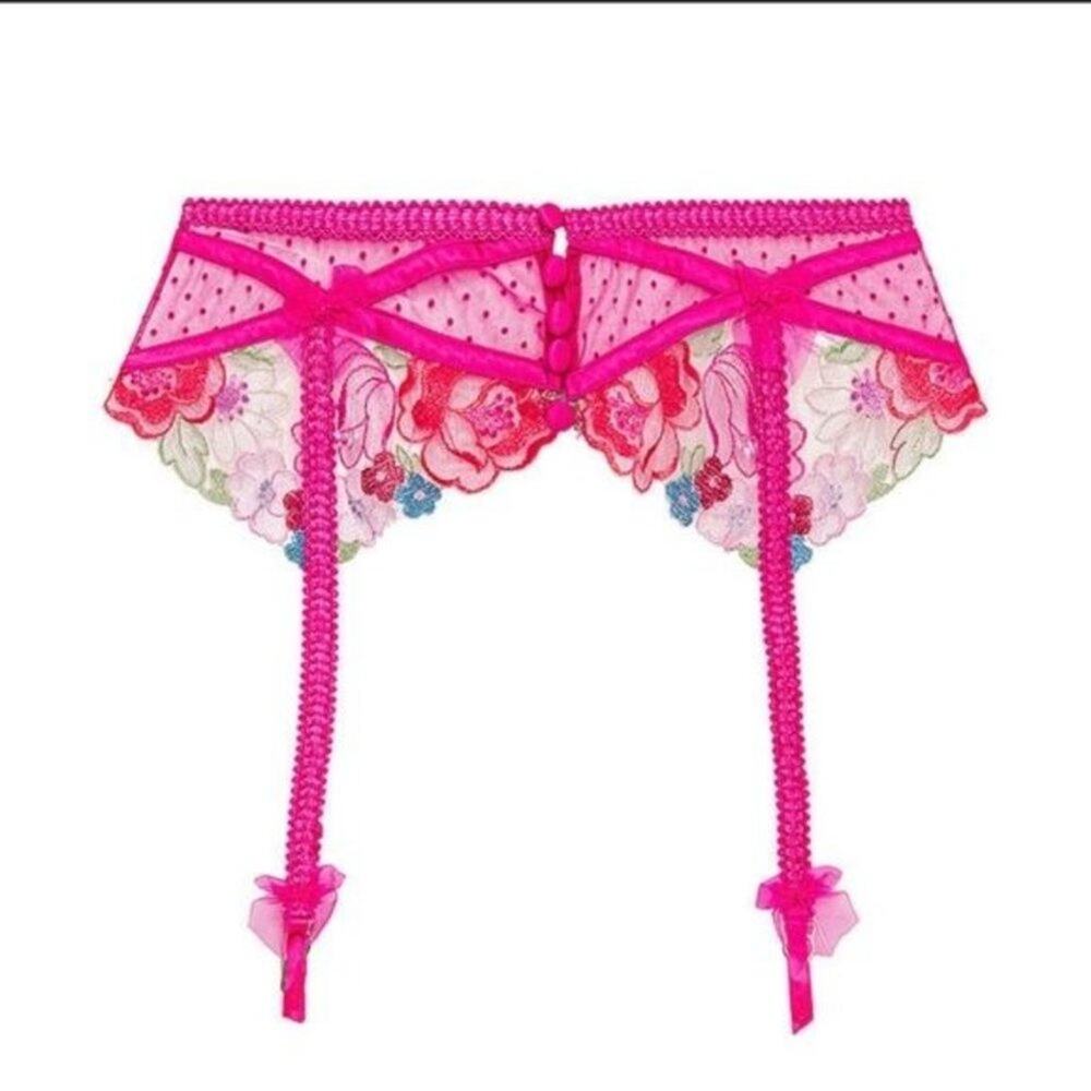 For Love & Lemons XS Floral Embroidered Sheer Pink Lace Garter Belt NWT